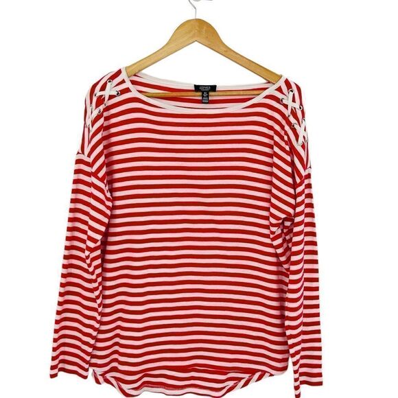 Jones New York red and white stripe with lace up shoulder detail size large - Picture 1 of 7